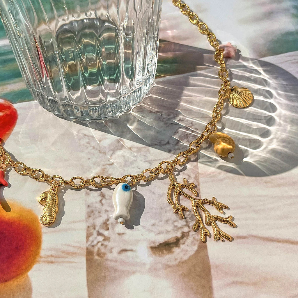Coral Ceramic Shells Charm Pendant Necklace
