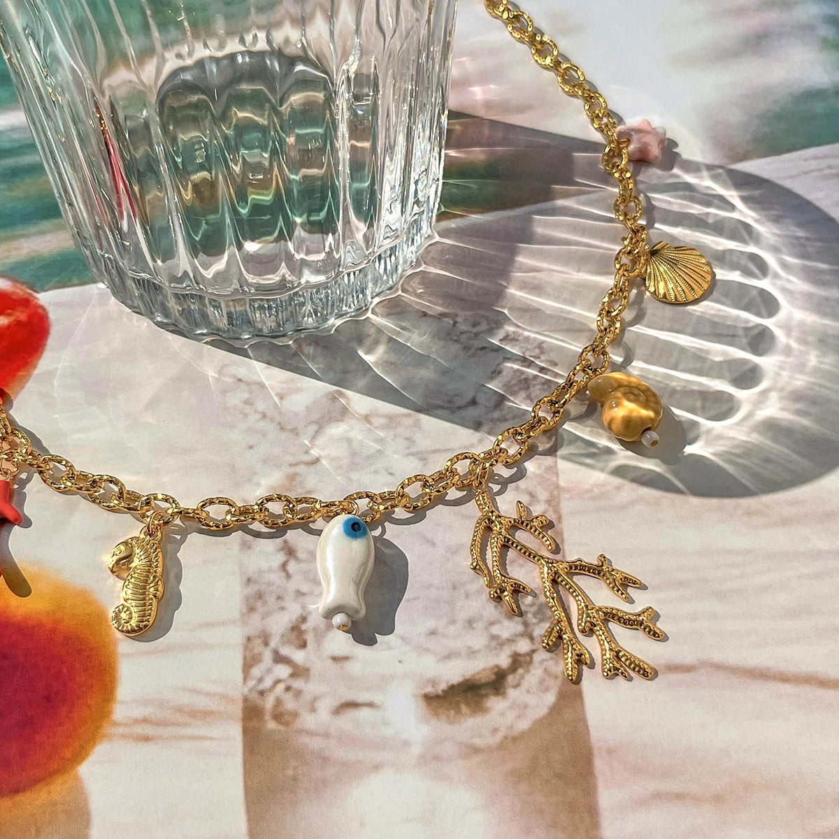 Coral Ceramic Shells Charm Pendant Necklace