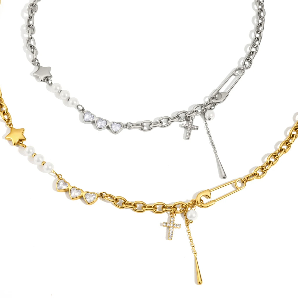 Minimalist Heart Cross Pearl Waterproof Necklace