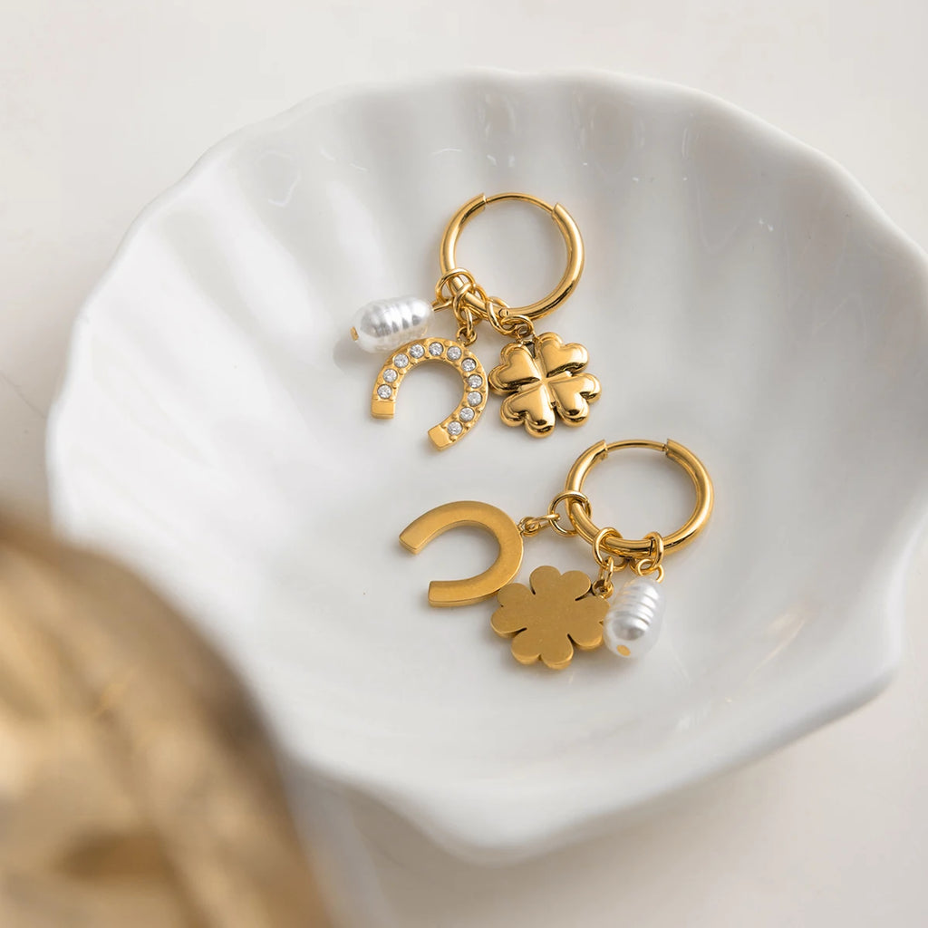 Lucky Crystal Horseshoe Pearl Drop Earrings