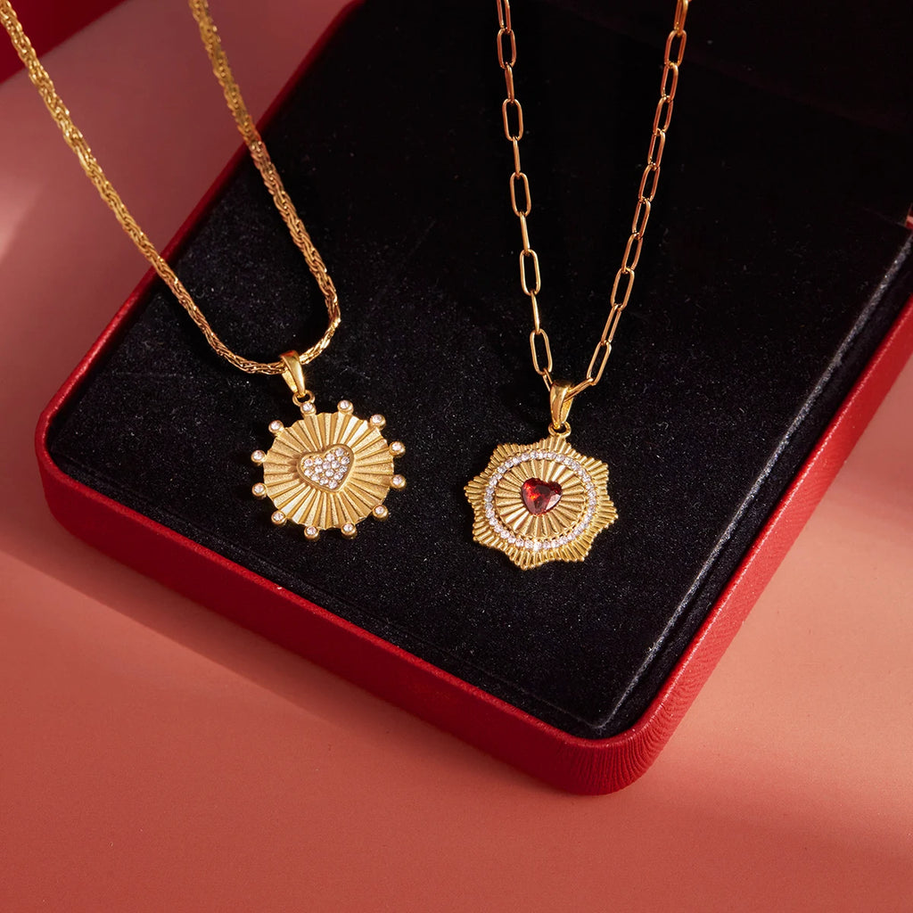 Red Zircon White Crystal Heart Pendant Necklace