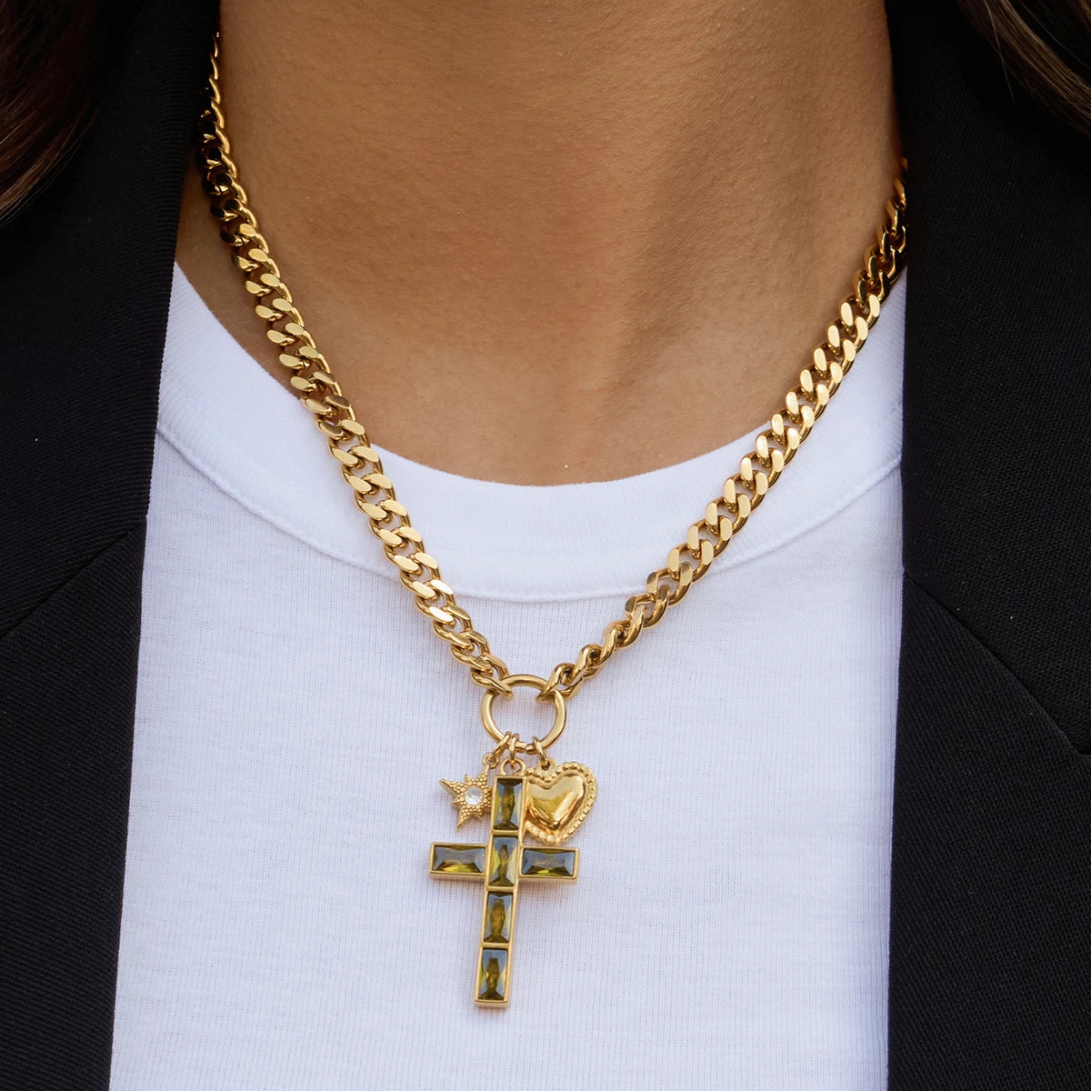 Classic Heart Zircon Star Cross Pendant Necklace