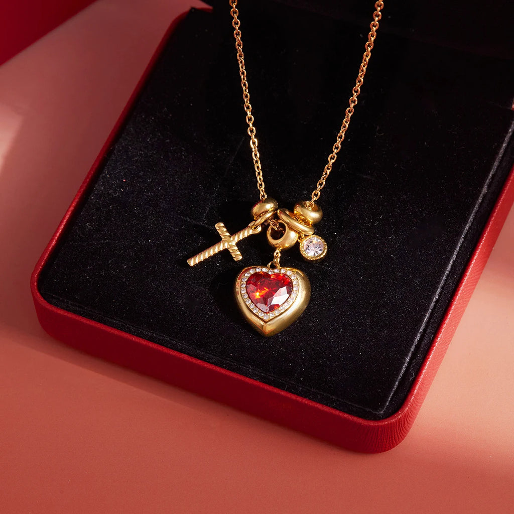 Romantic Red Zircon Heart Pendant Necklace