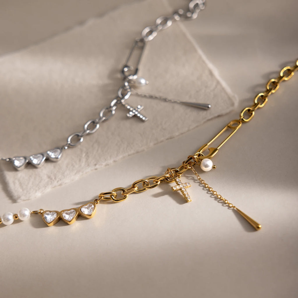 Minimalist Heart Cross Pearl Waterproof Necklace