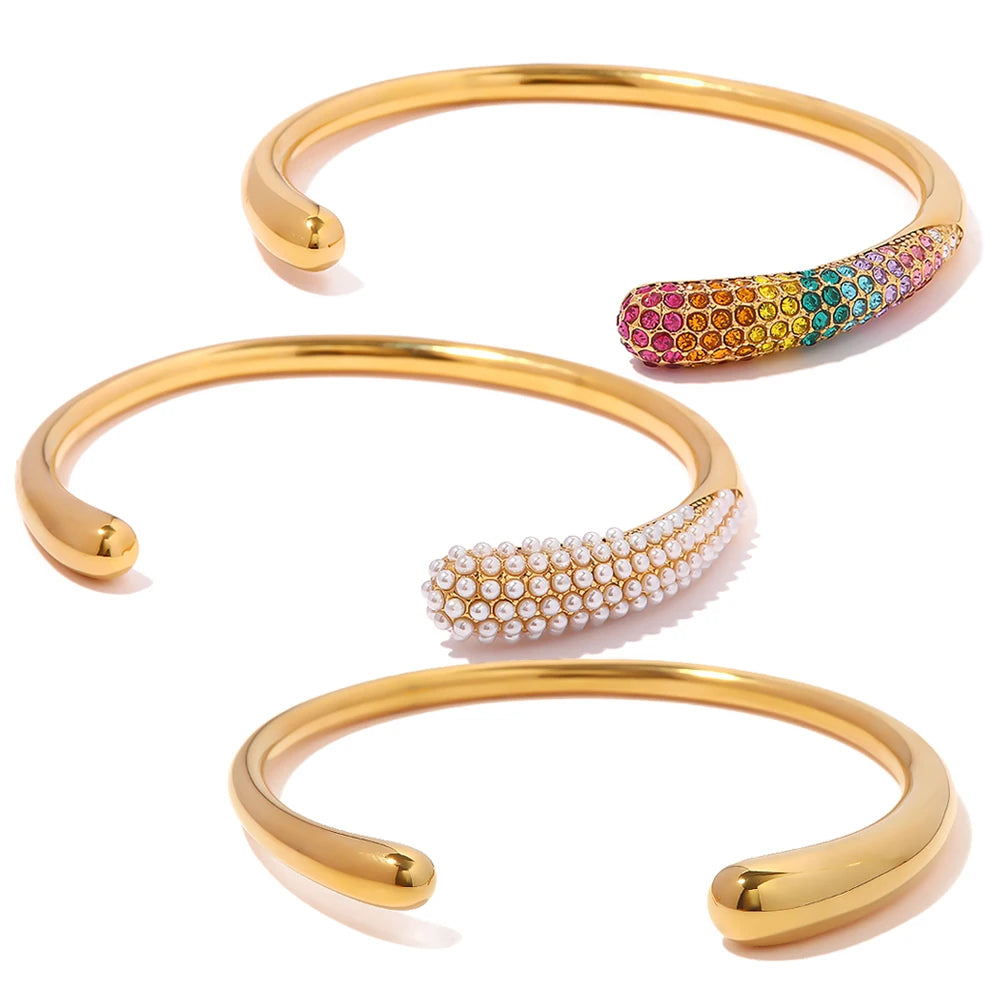 Luxury Colorful Cubic Zirconia Pearl Stainless Steel Cuff Bracelet