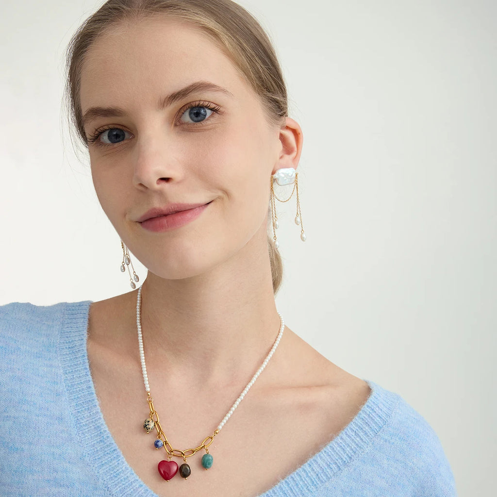 Elegant Pearl Chain Natural Stone Heart Pendant Necklace