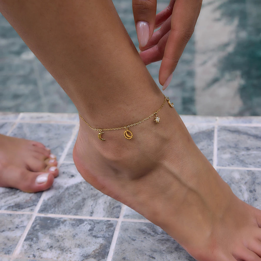 Classic Moon Star Sun Charm Anklet