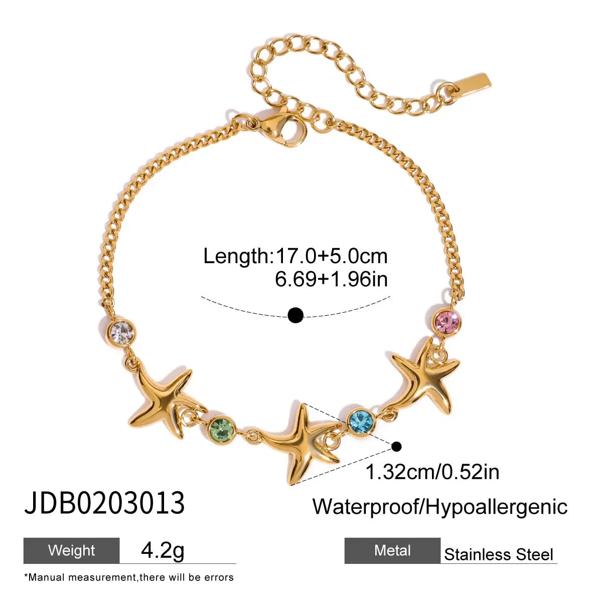 Color Zirconia Starfish Charm Bracelet