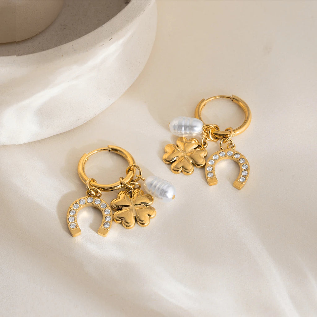 Lucky Crystal Horseshoe Pearl Drop Earrings