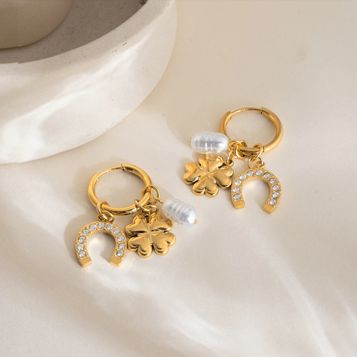 Lucky Crystal Horseshoe Pearl Drop Earrings