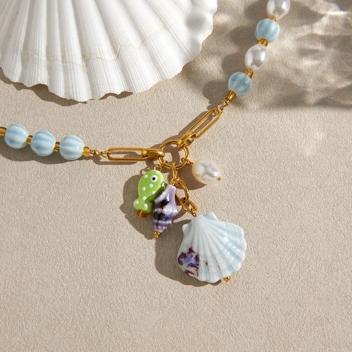 Ceramic Shell Fish Pendant Beaded Chain Necklace