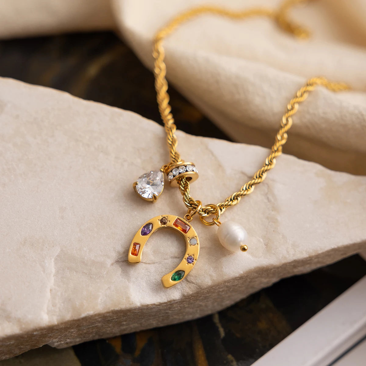 Colorful Crystal Horseshoe Pendant Necklace