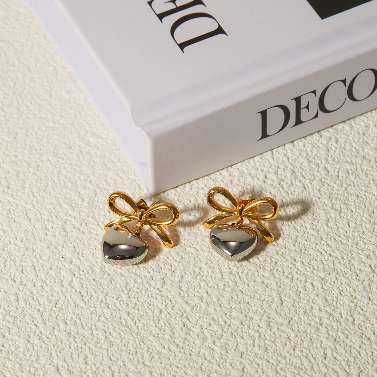 Steel Bow Heart Pendant Earrings