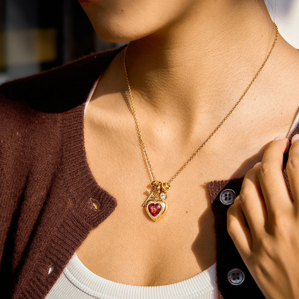 Romantic Red Zircon Heart Pendant Necklace