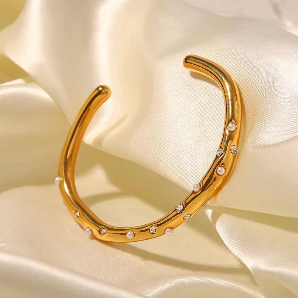 Stainless Steel Pearl Cubic Zirconia Geometric Open Cuff Bracelet