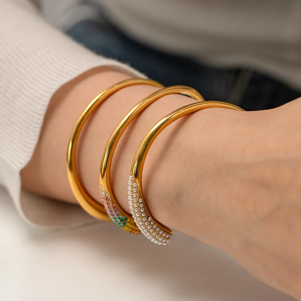 Luxury Colorful Cubic Zirconia Pearl Stainless Steel Cuff Bracelet