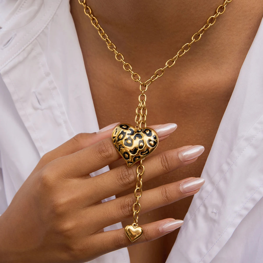 Leopard Print Oil Drip Heart Pendant Necklace