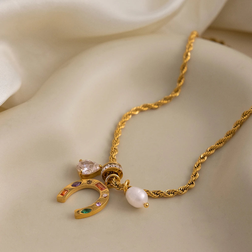 Colorful Crystal Horseshoe Pendant Necklace