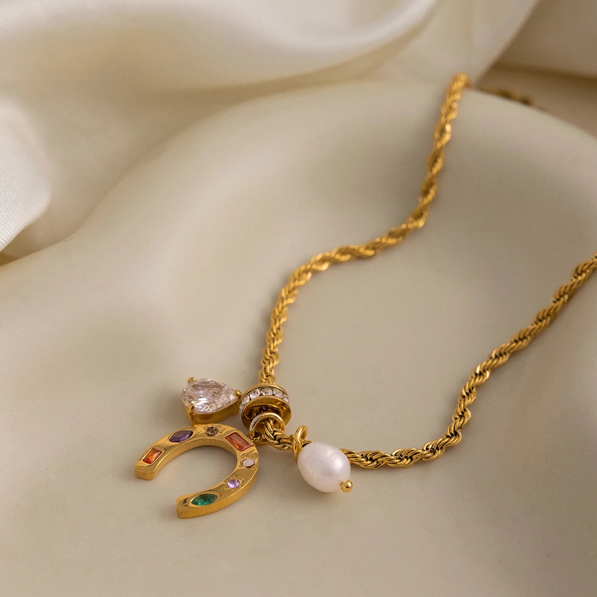 Colorful Crystal Horseshoe Pendant Necklace