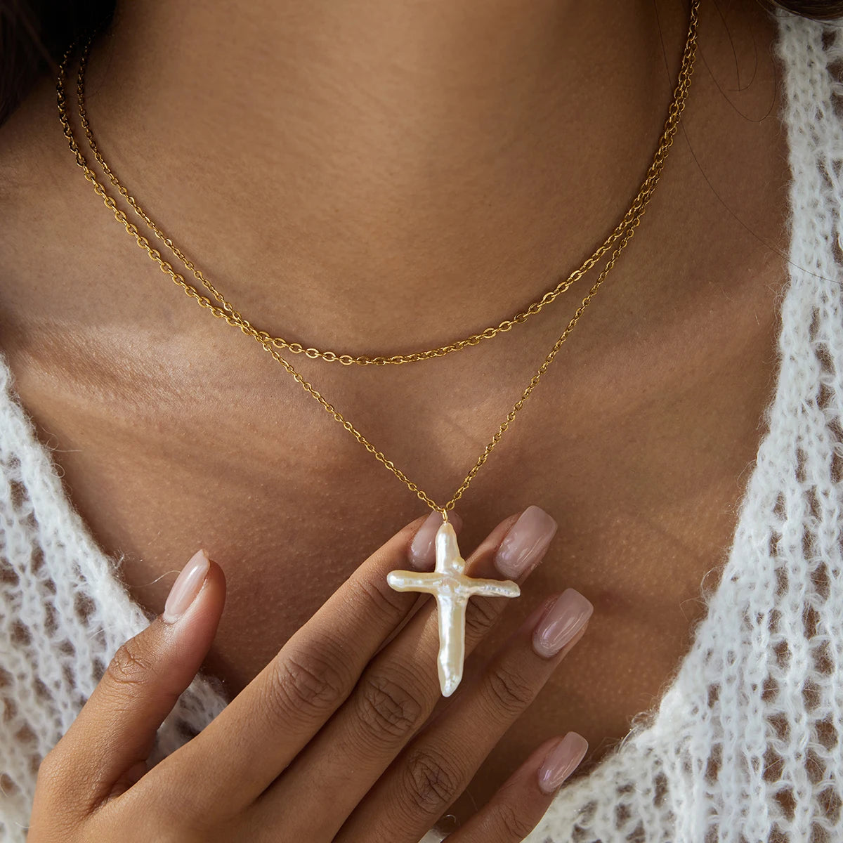 Classic Cross Shape Freshwater Pearl Pendant Necklace