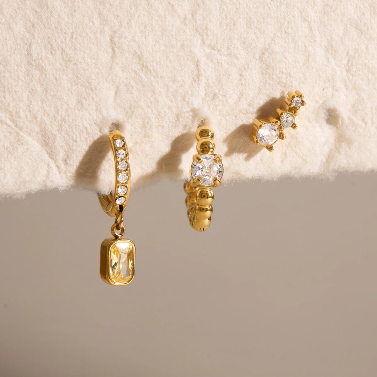 3pcs/set Yellow Square Zircon Stainless Steel Earring