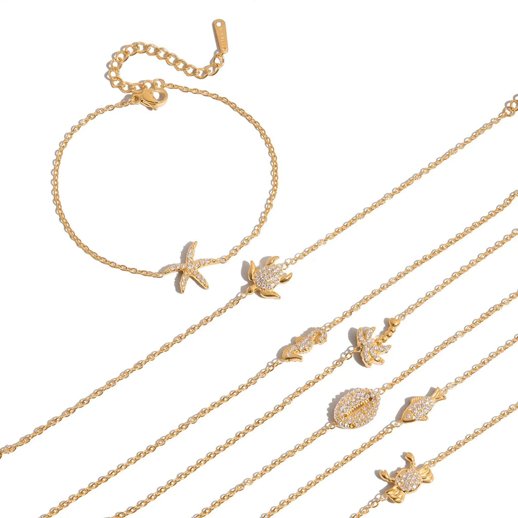 Delicate Full Zircon Starfish Shell Fish Turtle Charm Bracelet