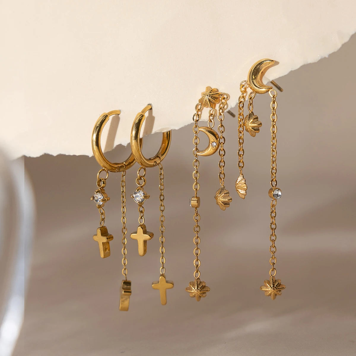 Classic Moon Star Cross Pendant Tassel Earrings
