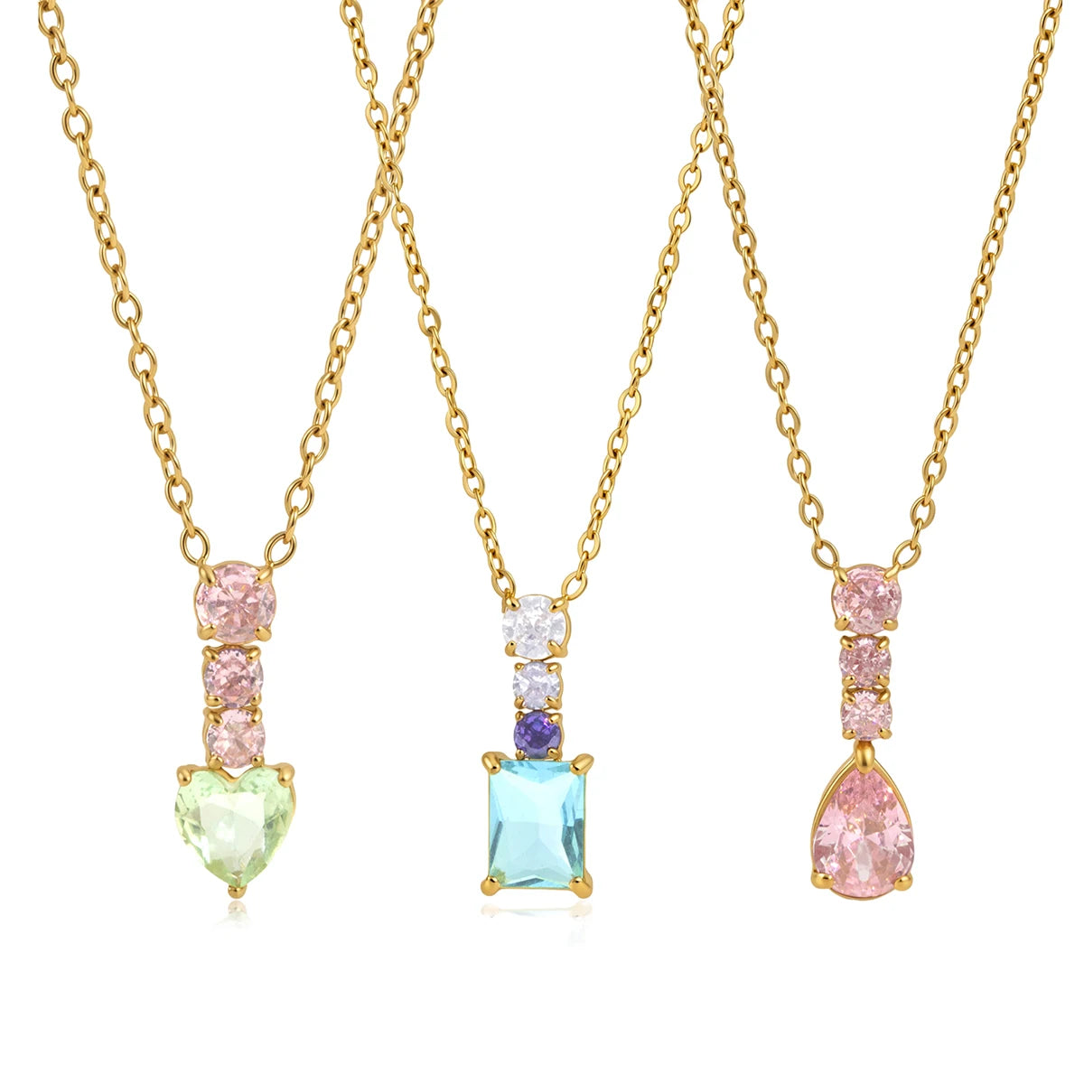 Sweet Color Zircon Heart Geometric Pendant Necklace