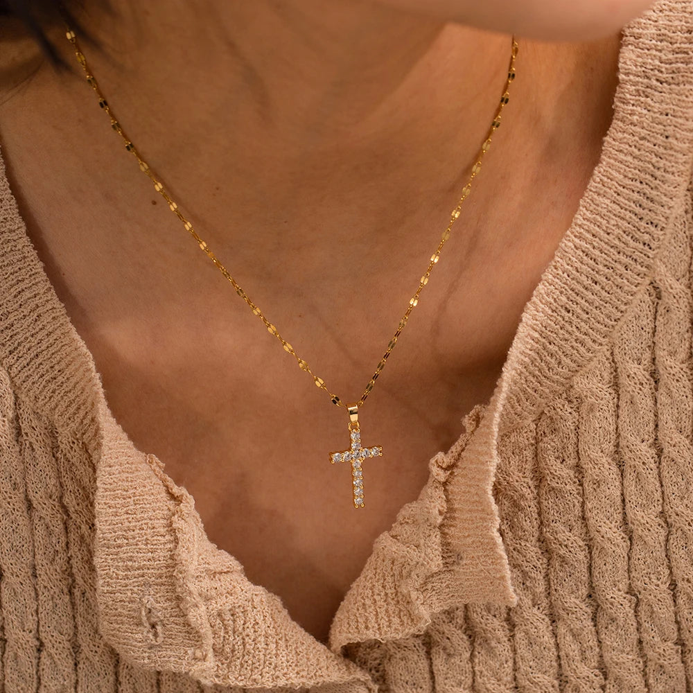 White Cubic Zirconia Cross Pendant Necklace