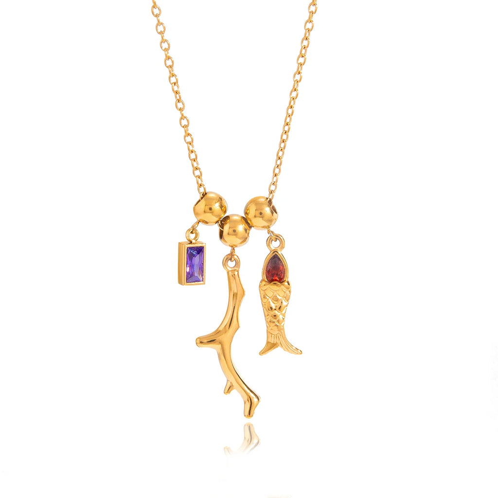 Coral Red Zircon Fish Pendant Necklace