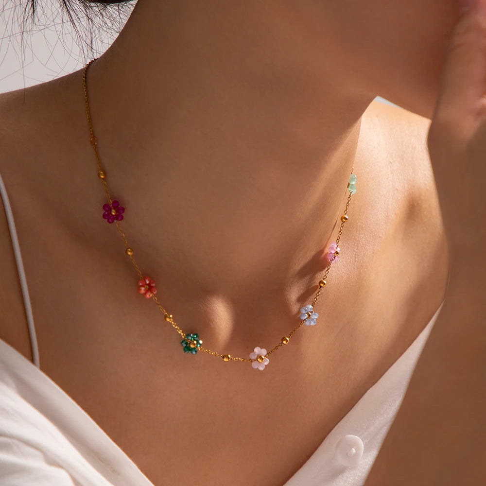 Colorful Floral Chain Bracelet Necklace Set