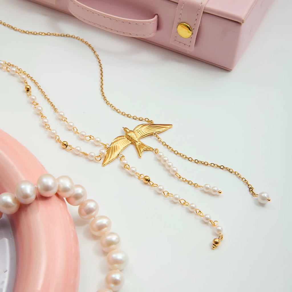 Elegant Swallow Pendant Pearl Tassel Necklace