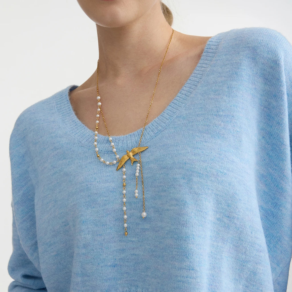 Elegant Swallow Pendant Pearl Tassel Necklace