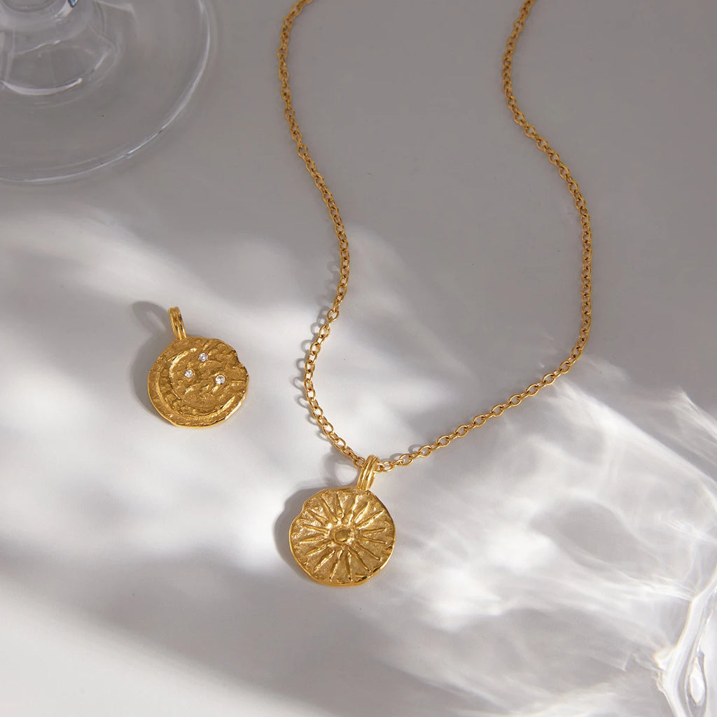 Double Side Moon Sun Coin Pendant Necklace