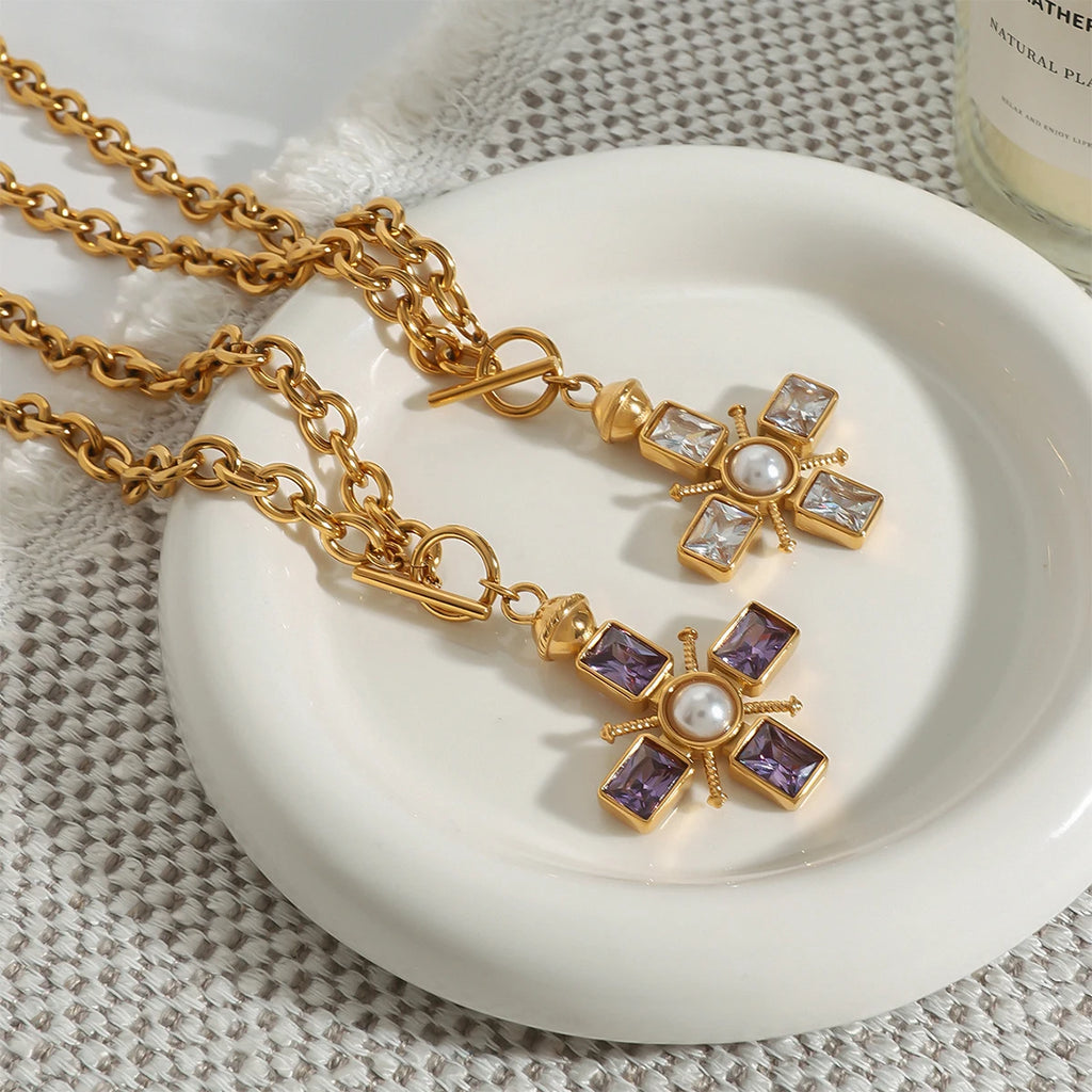 Rhinestone Pearl Cross Pendant Necklace