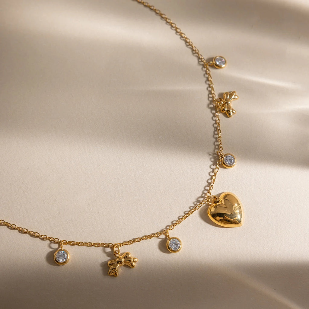Romantic Heart Bowknot Round Zircon Pendant Necklace