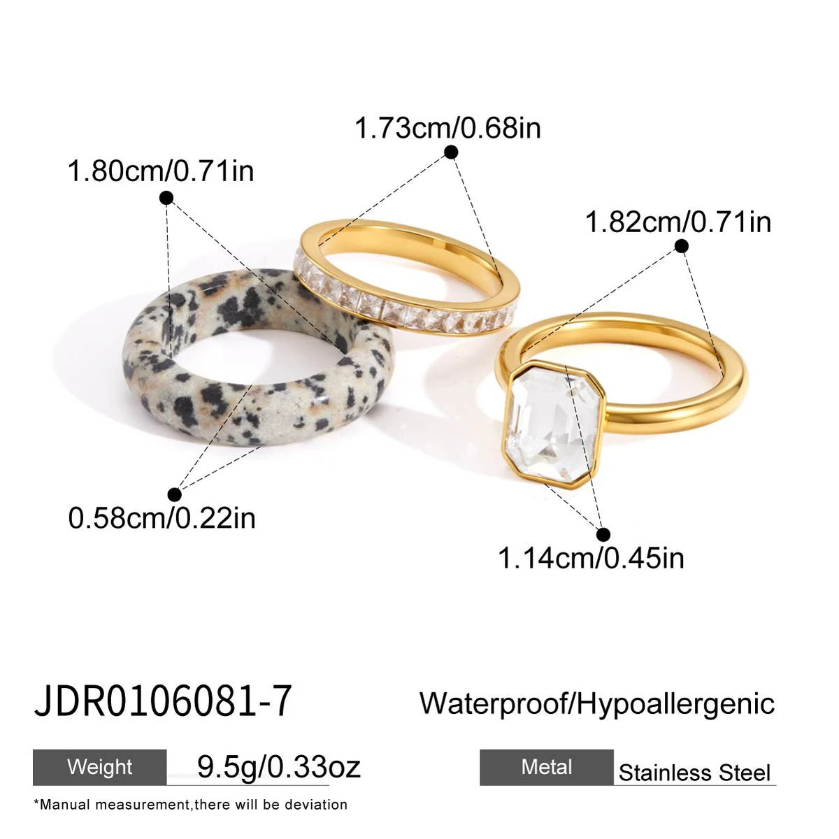 3Pcs/set Natural Stone Rhinestone Rings