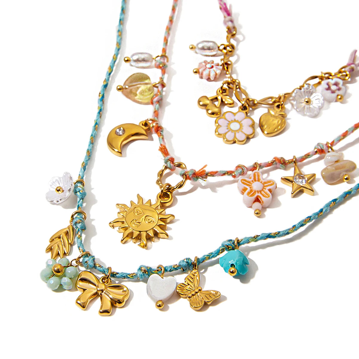 Bohemian Summer Flower Moon Sun Colorful Rope Pendant Necklace
