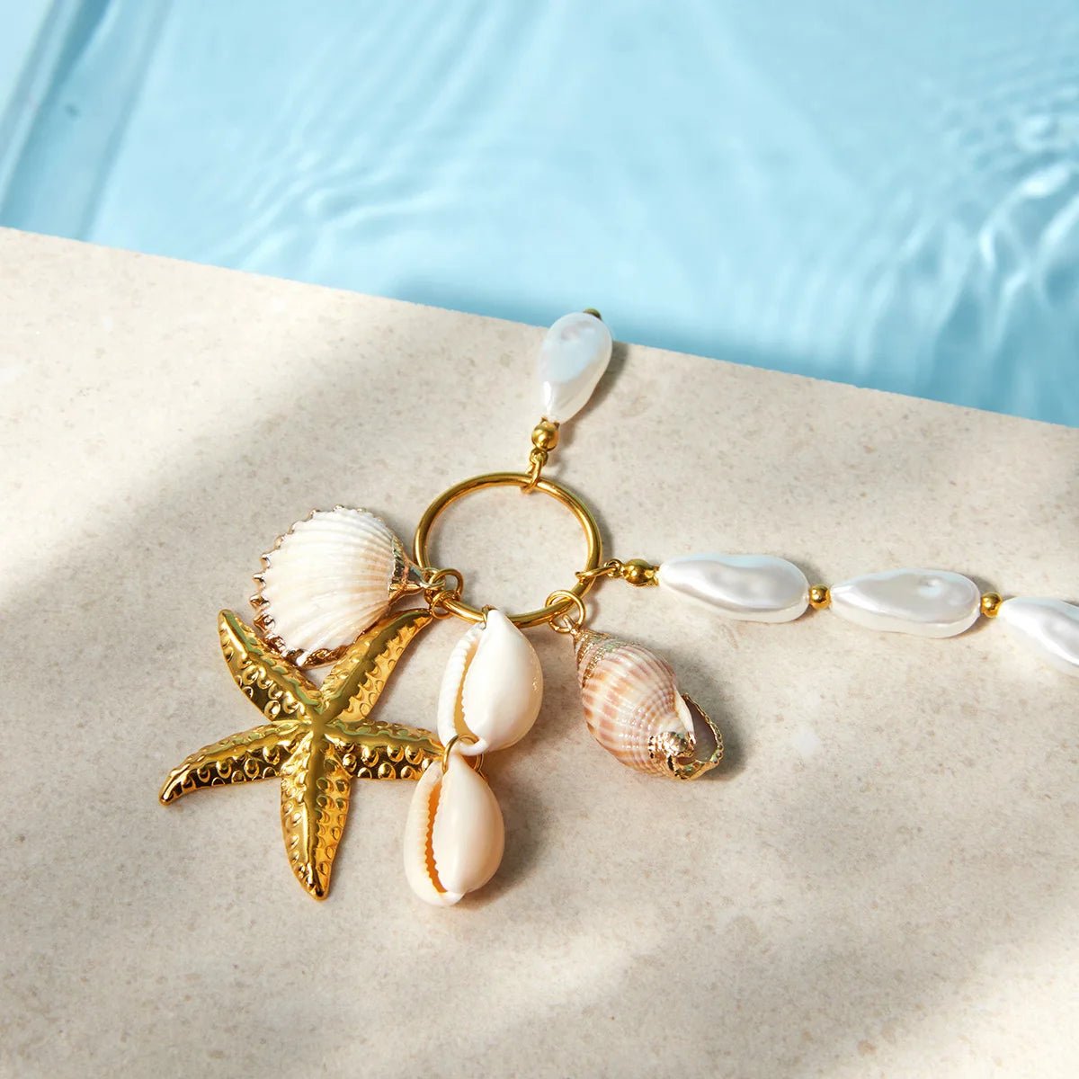Pearl Chain Starfish Shell Pendant Necklace And Earrings