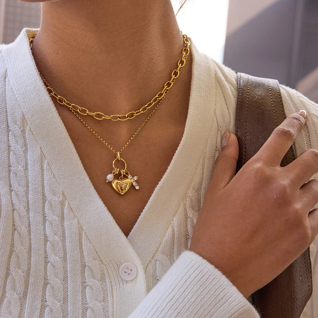 Freshwater Pearl Cross Heart Pendant Necklace