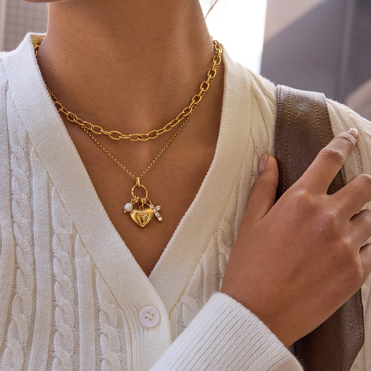 Freshwater Pearl Cross Heart Pendant Necklace