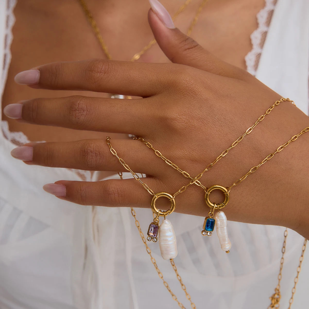 Natural Pearls And Color Zirconia Pendant Necklace