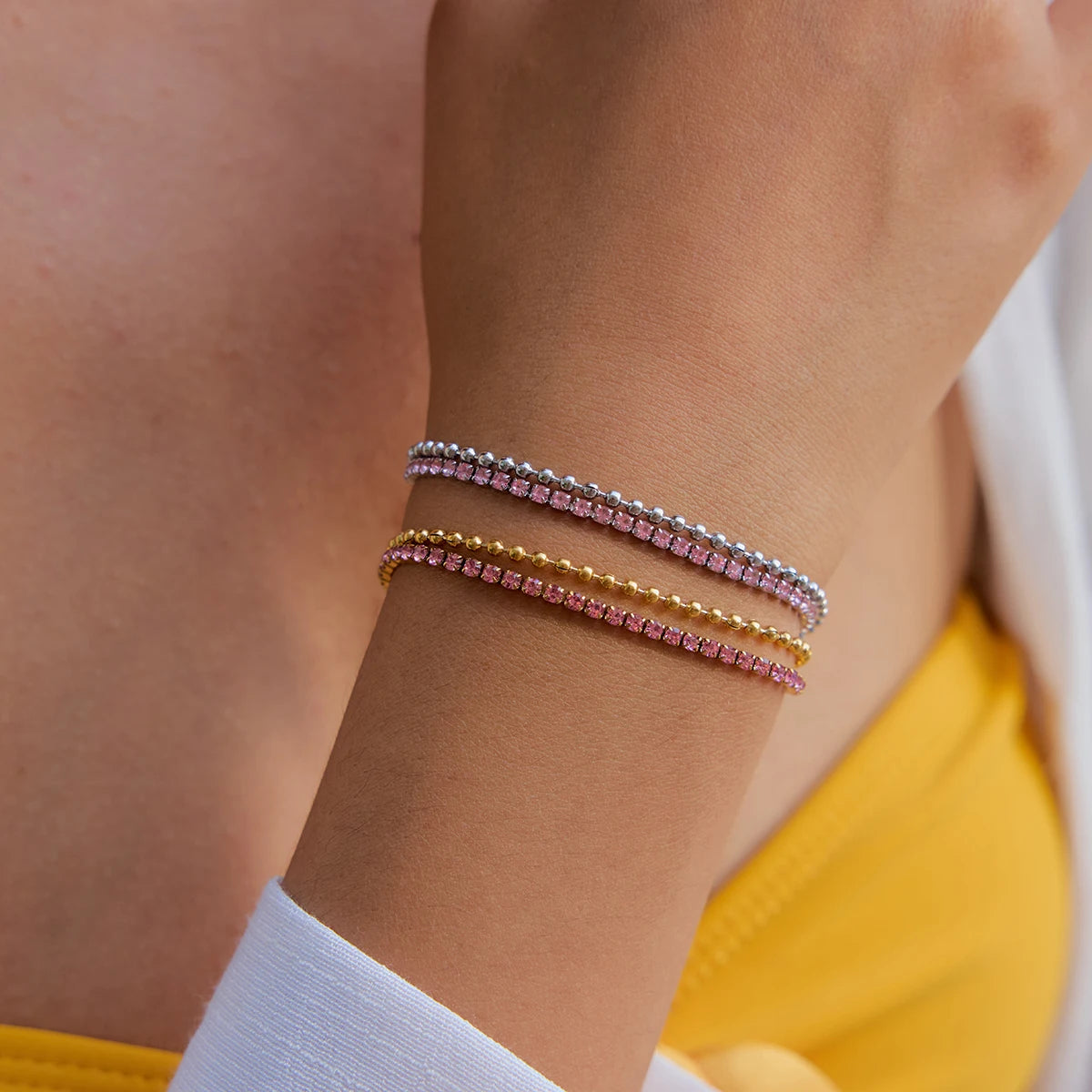 Pink Rhinestones Double Layers Chain Bracelet