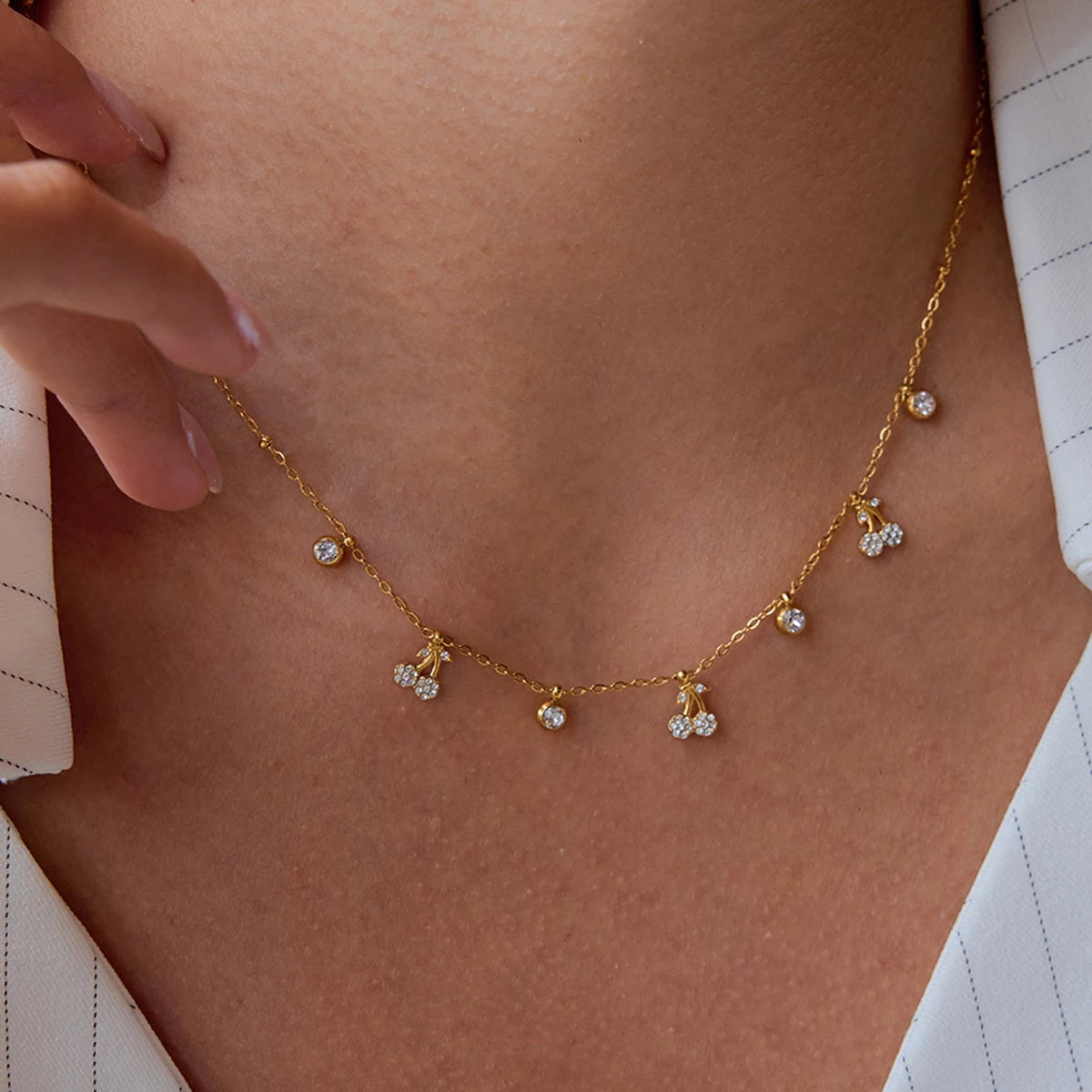 White Rhinestones Cherry Pendant Necklace