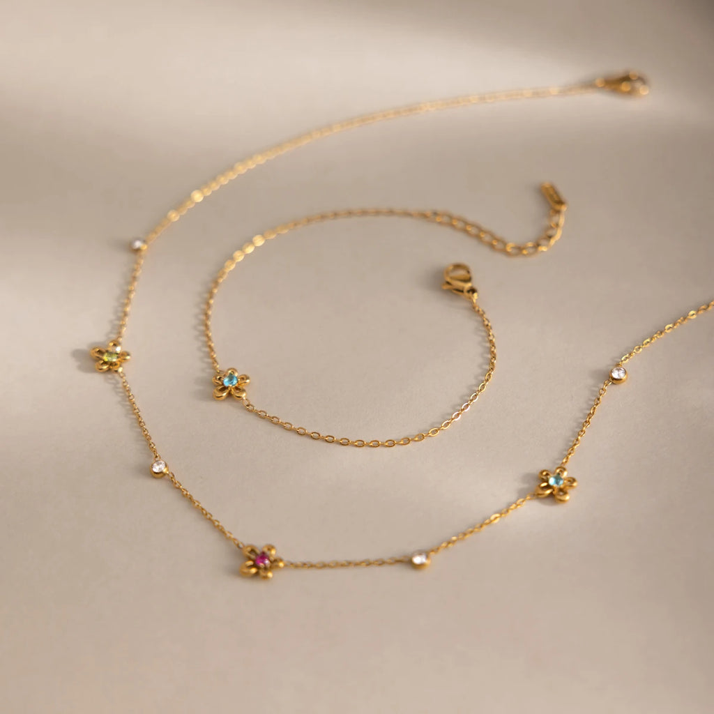 Colorful Zircon Flower Bracelet And Necklace Set