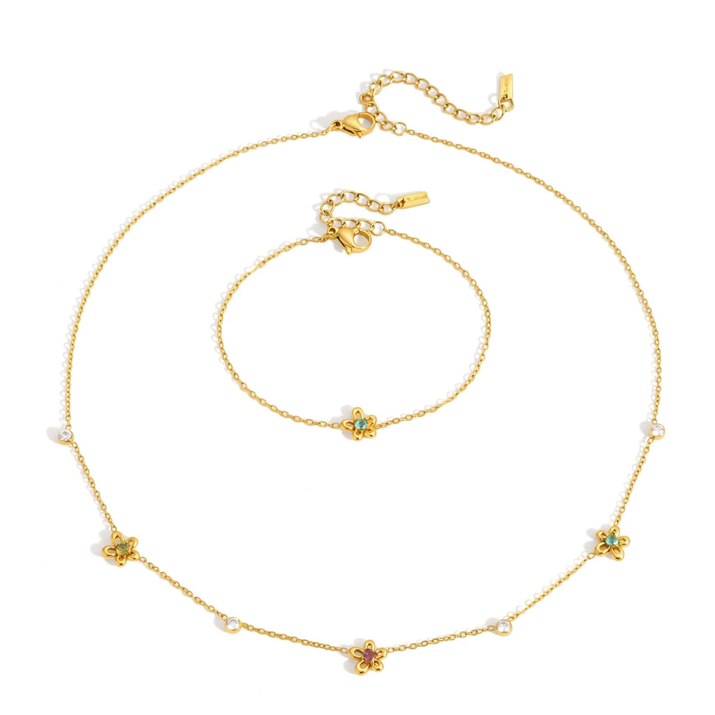 Colorful Zircon Flower Bracelet And Necklace Set
