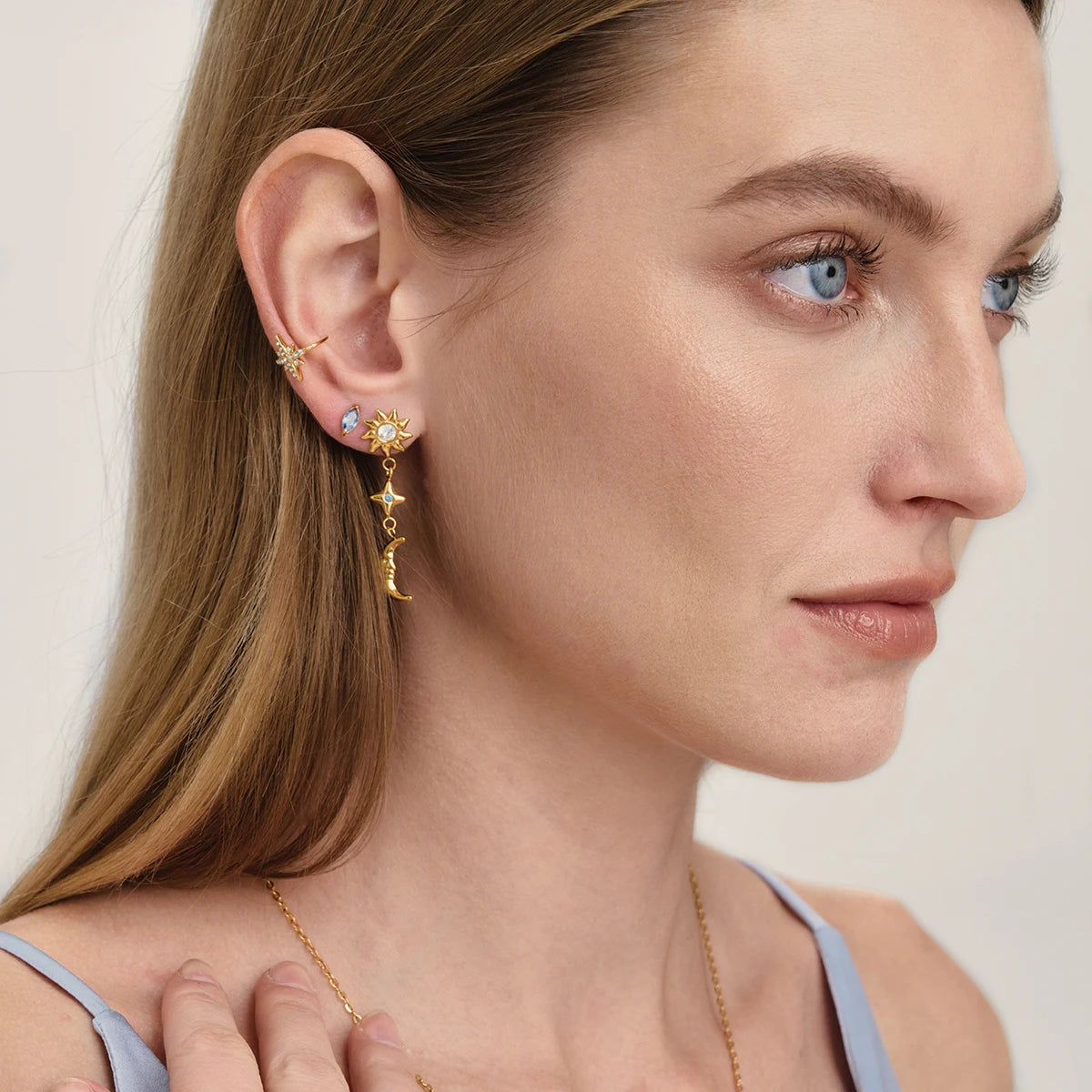 Classic Blue White Zircon Sun Moon Star Earrings
