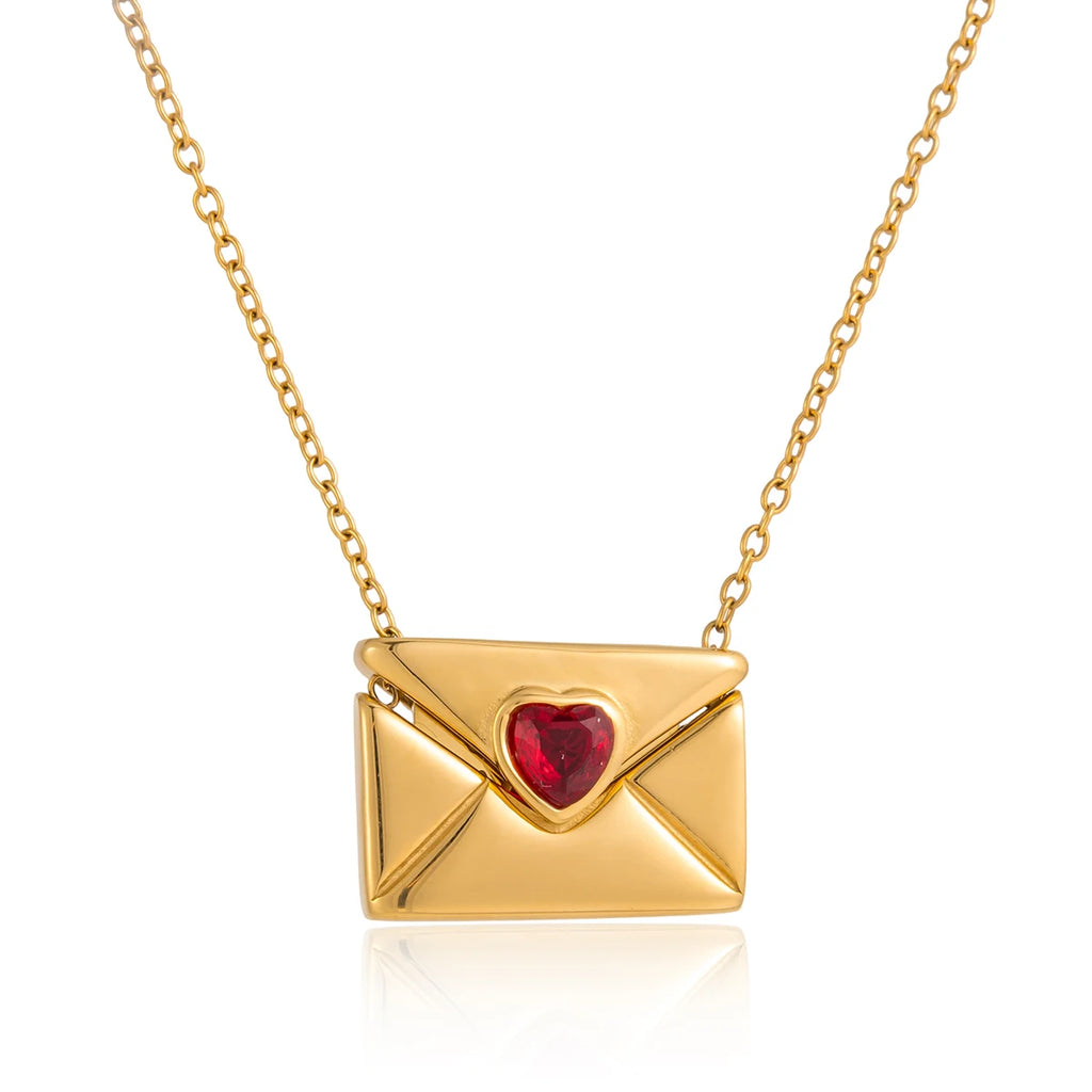 Romantic Red Zircon Heart Envelope Pendant Necklace