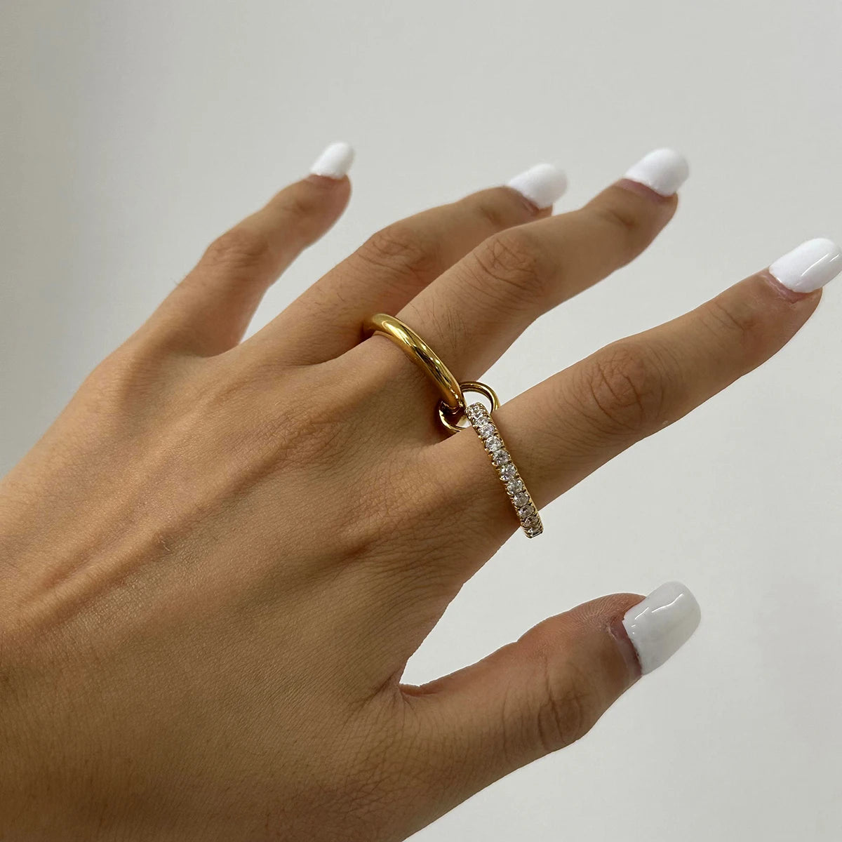 Glossy Shine Stainless Steel White Cubic Zirconia Double Layer Ring