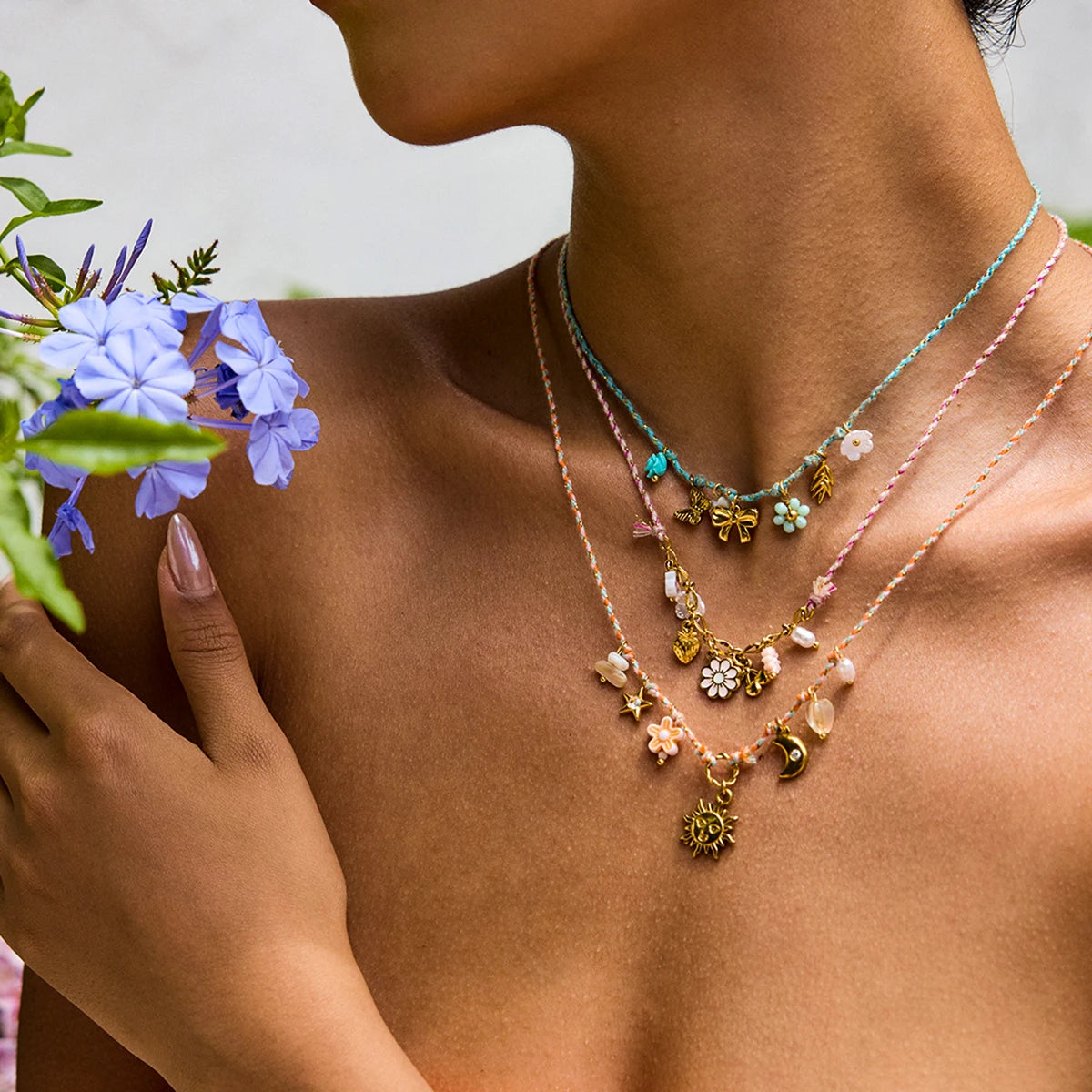 Bohemian Summer Flower Moon Sun Colorful Rope Pendant Necklace